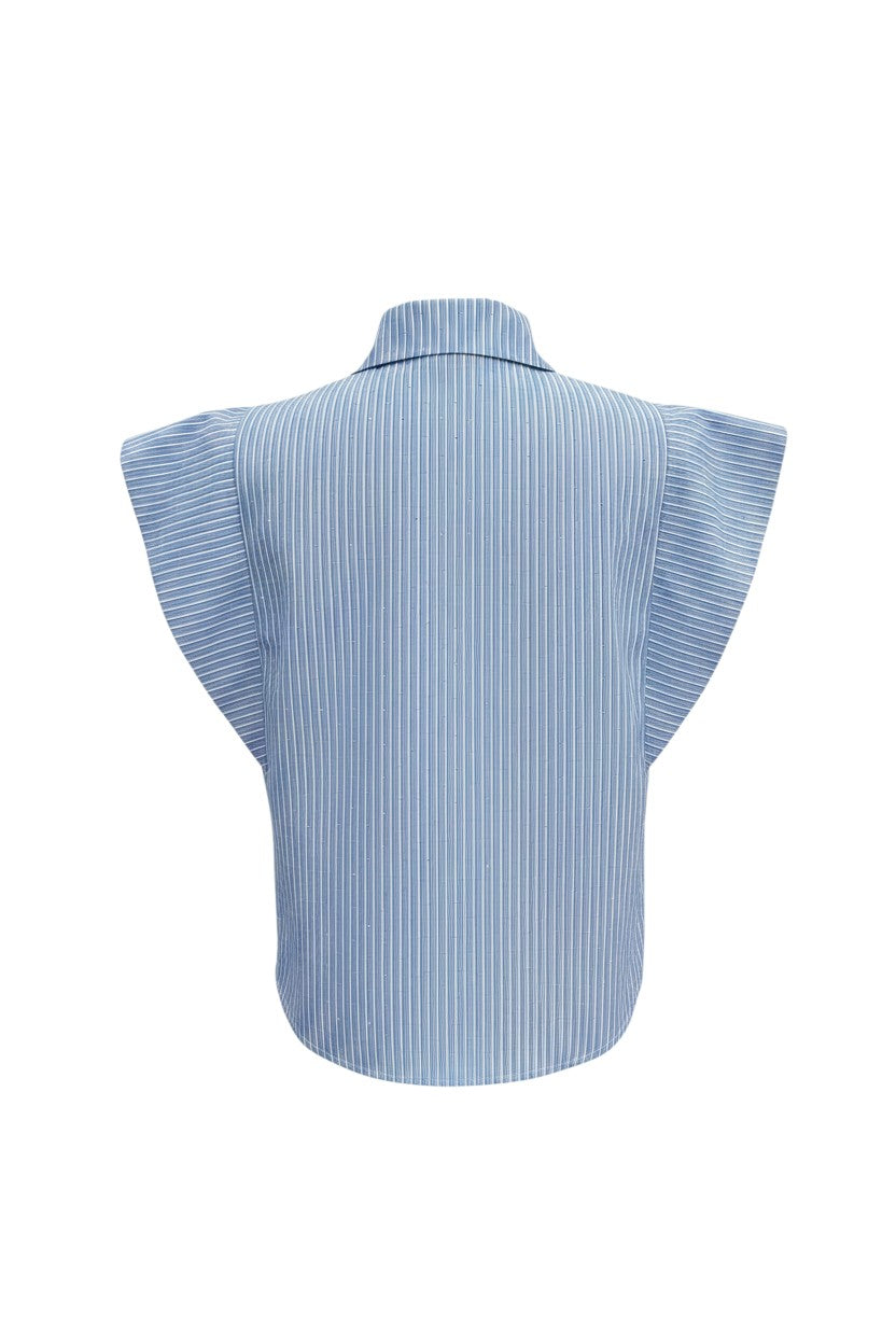 Hush Boutique blue and white striped structured shirt with rhinestone embellishment and removable ribbon brooch lapel pins.