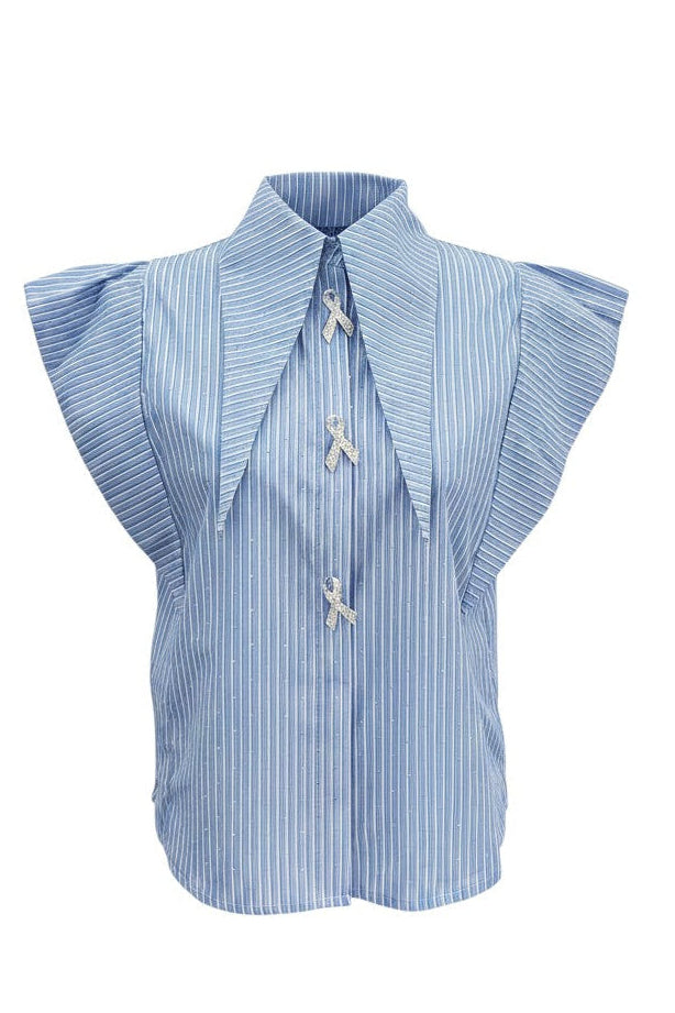 Hush Boutique blue and white striped structured shirt with rhinestone embellishments and removable ribbon brooch lapel pins.