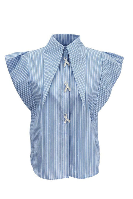 Hush Boutique blue and white striped structured shirt with rhinestone embellishments and removable ribbon brooch lapel pins.