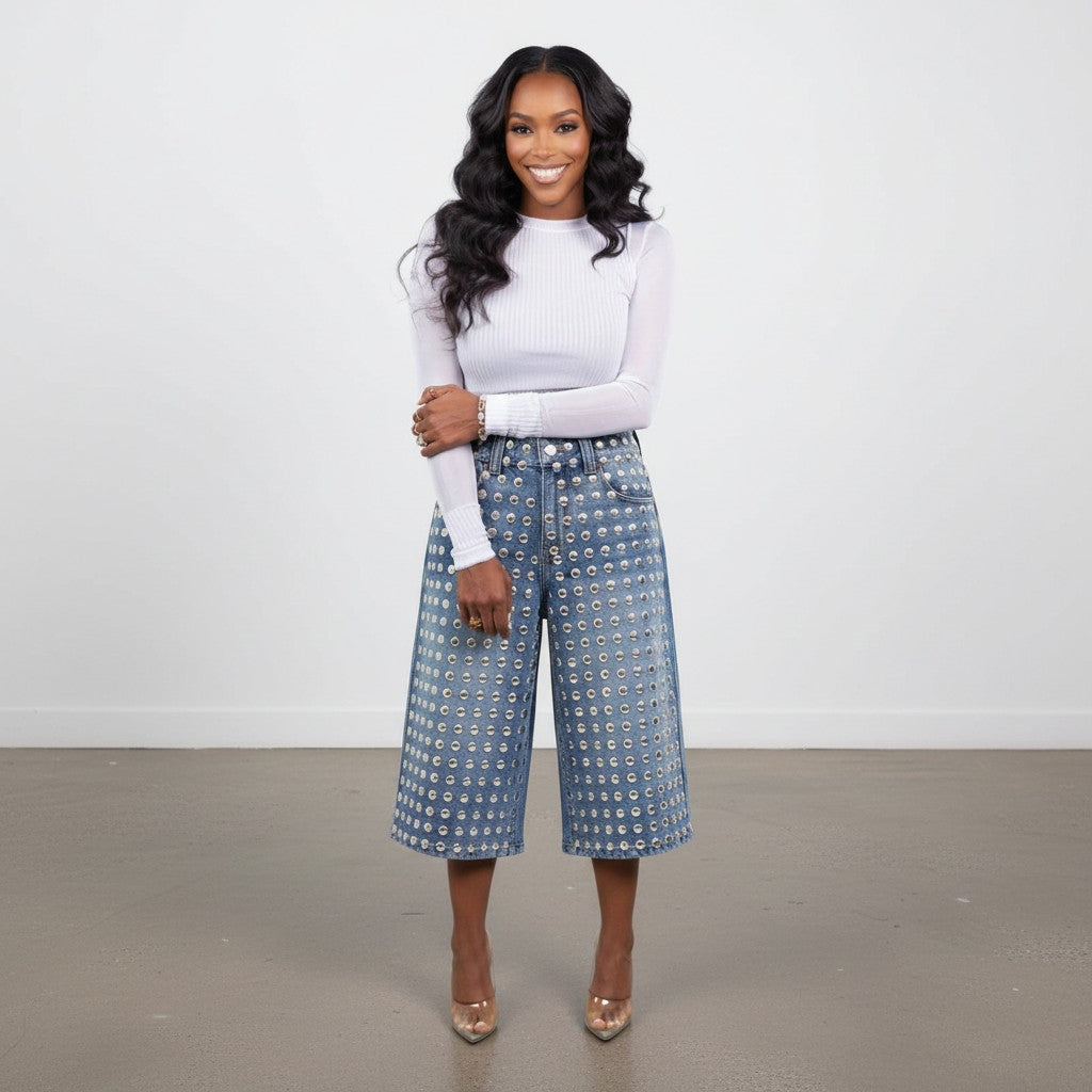 Hush Boutique PrimRose Studded Bermuda Shorts in light wash denim with all-over silver stud detailing.