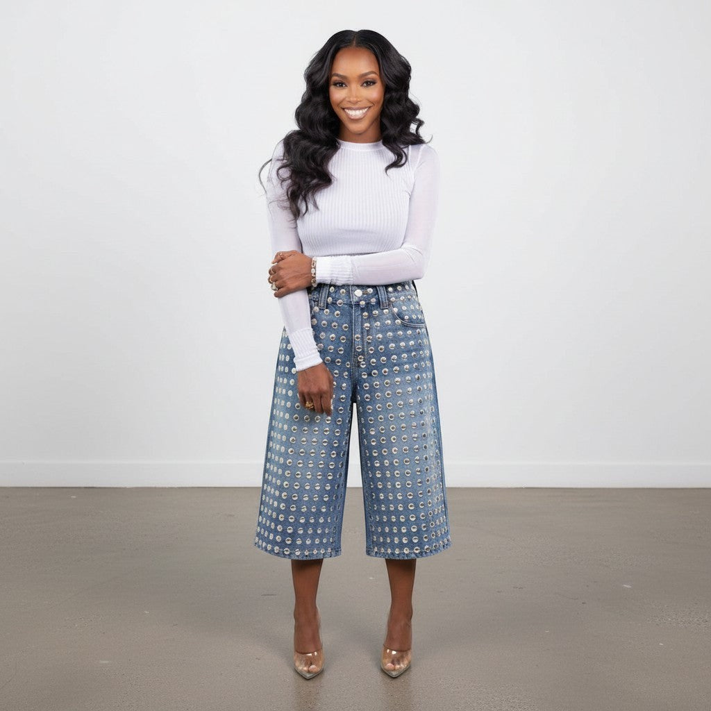 Hush Boutique PrimRose Studded Bermuda Shorts in light wash denim with all-over silver stud detailing.