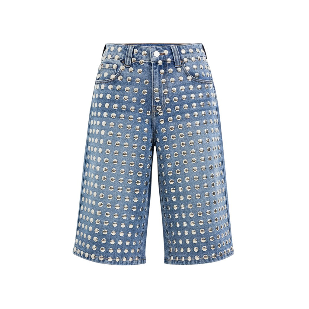Hush Boutique light wash denim Bermuda shorts with all-over silver stud detailing and a wide leg.