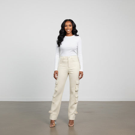 Hush Boutique cream tweed cargo pants with multiple pockets and adjustable ankle straps. No stretch fabric.