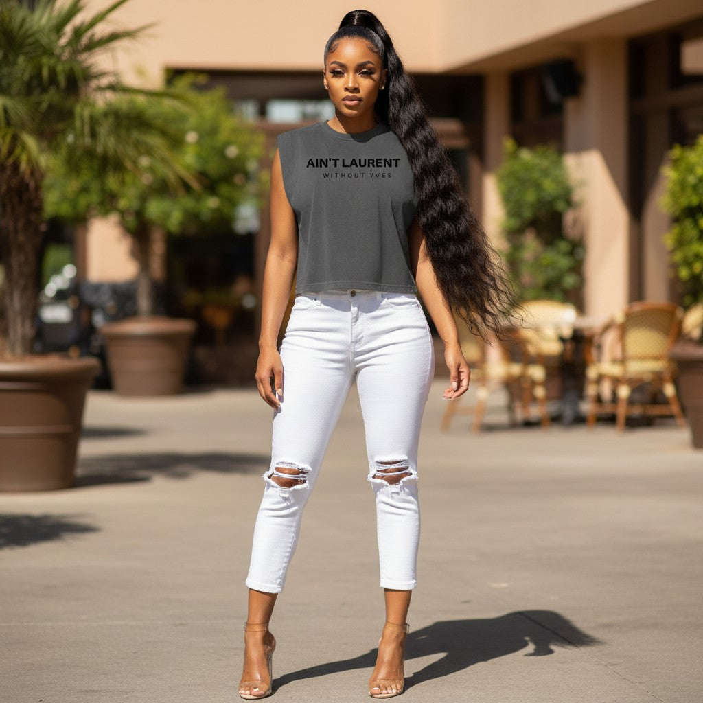 Hush Boutique charcoal grey 100% cotton vintage muscle shirt with "AIN'T LAURENT WITHOUT YVES" graphic.