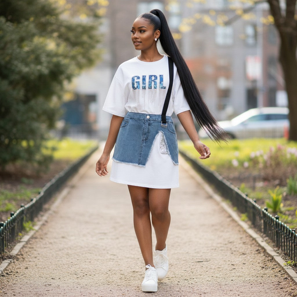 Hush Boutique white t-shirt tunic with blue sequin "GIRL" graphic and distressed denim skirt overlay with sequin detail.