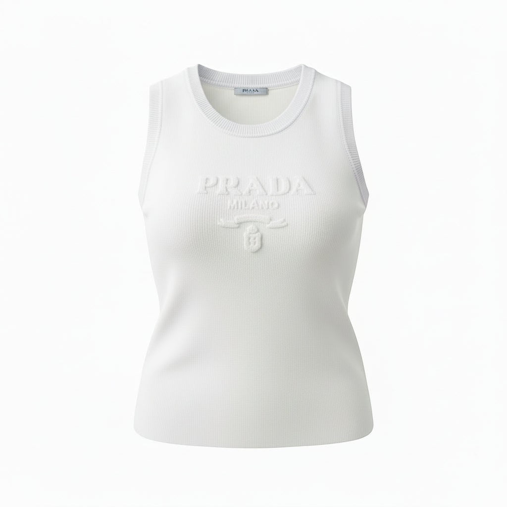 Hush Boutique white knit tank top with embossed Prada logo and Milano detail. Stretchy, one size.