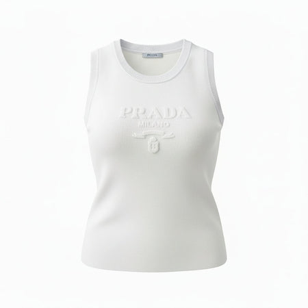 Hush Boutique white knit tank top with embossed Prada logo and Milano detail. Stretchy, one size.