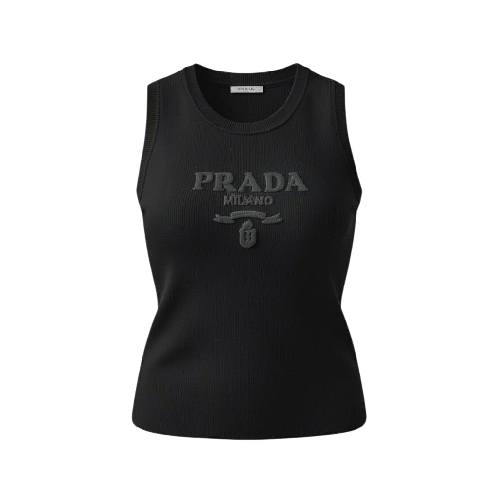 Hush Boutique white knit tank top with embossed Prada logo and Milano detail. Stretchy, one size.