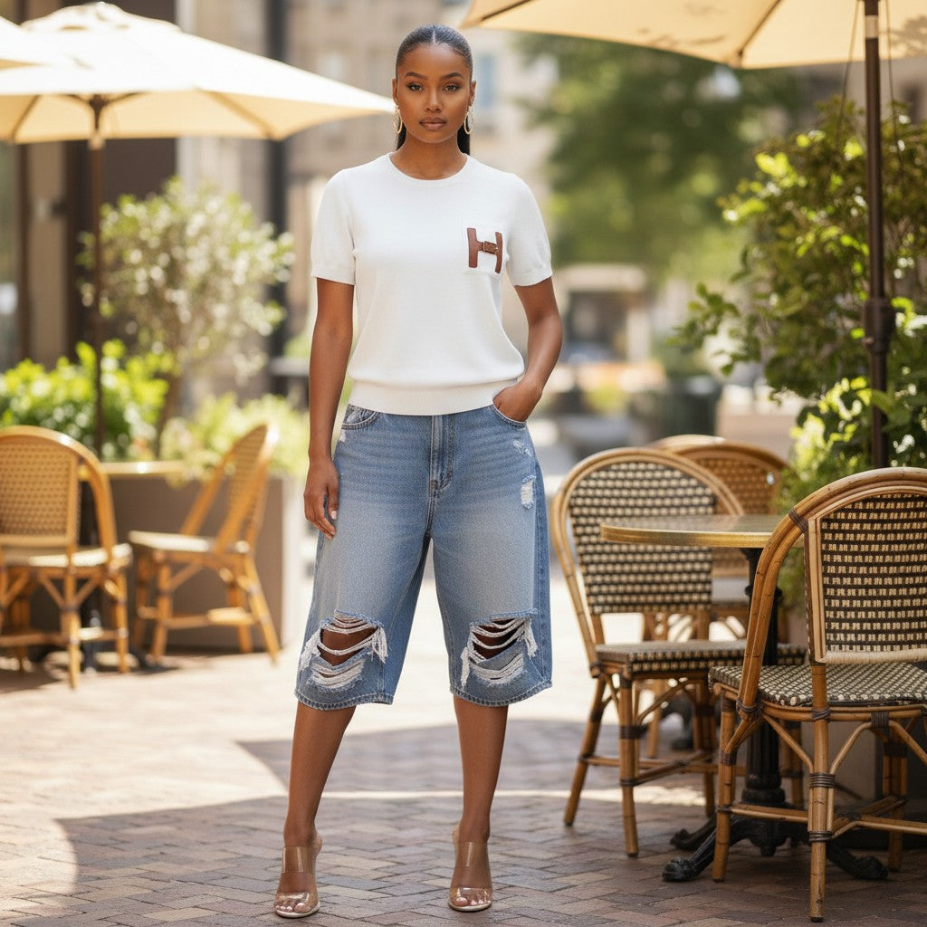 Hush Boutique off-white knit t-shirt with short sleeves and a contrast leather-style pocket featuring a gold-tone buckle.