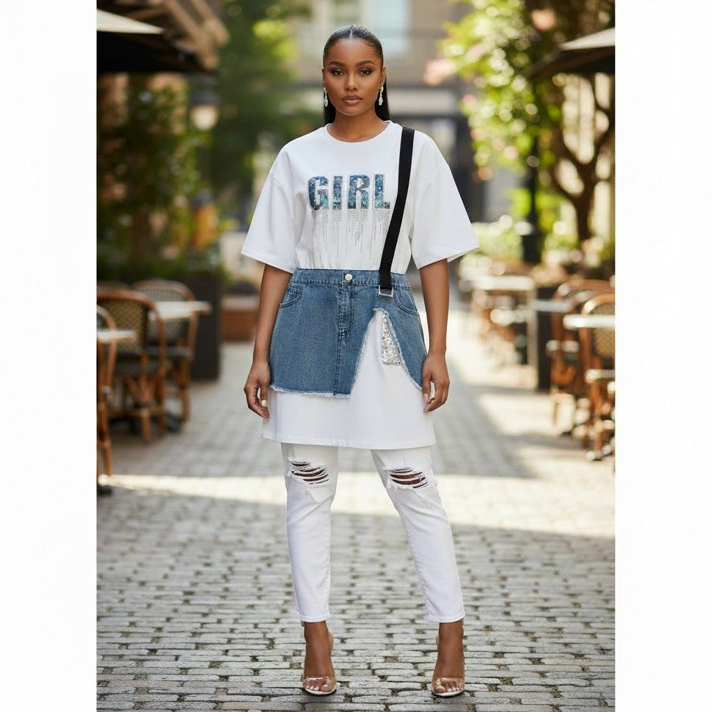 Hush Boutique white cotton tunic t-shirt with 'GIRL' graphic, denim overlay skirt, and distressed capri jeans.