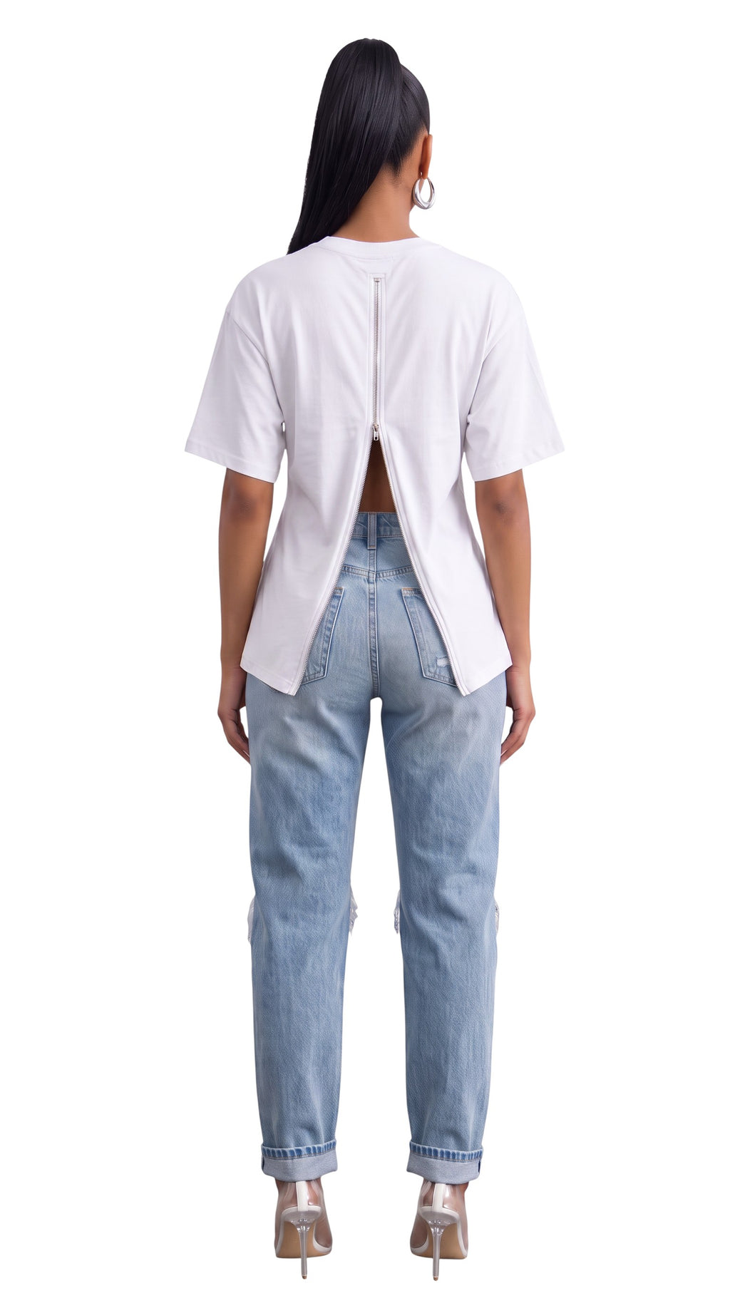 Hush Boutique white crew neck t-shirt with a full-length functional back zipper worn with light wash distressed jeans