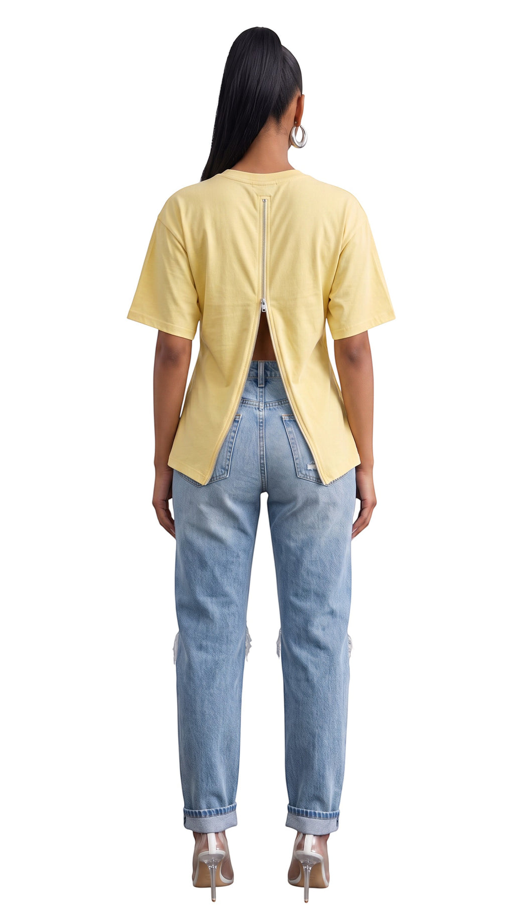 Hush Boutique yellow cotton t-shirt with a full-length functional back zipper worn with distressed blue jeans
