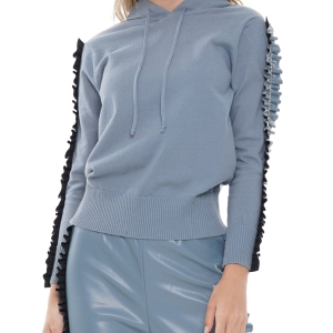Sky Blue Knit Leather Trim Sweater Hoodie