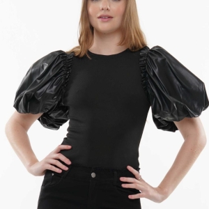 Faux Leather Puff Sleeve Stretchy Ribbed Shirt