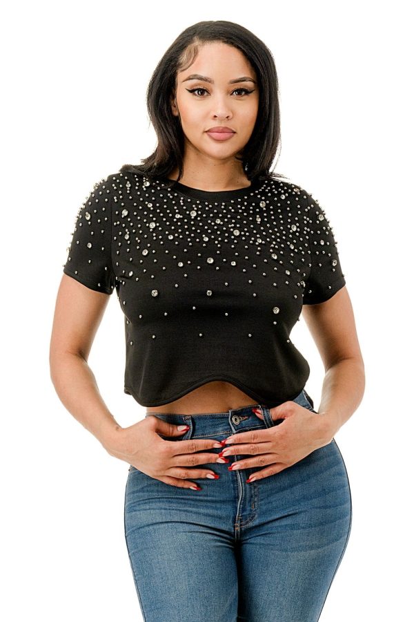 Take Me Out Rhinestone Studded Crop Shirt