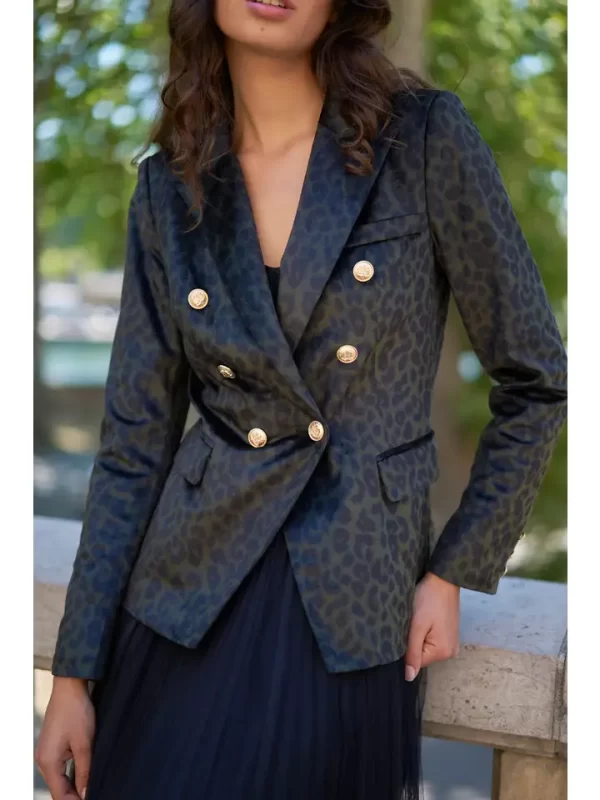 Double-Breasted Velvet Blazer Jacket with Gold Buttons