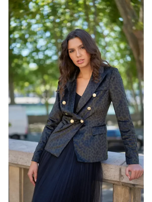 Double-Breasted Velvet Blazer Jacket with Gold Buttons - Image 2