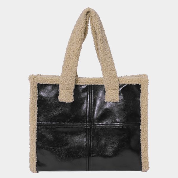 Fleece Trim Faux Leather Tote Bag