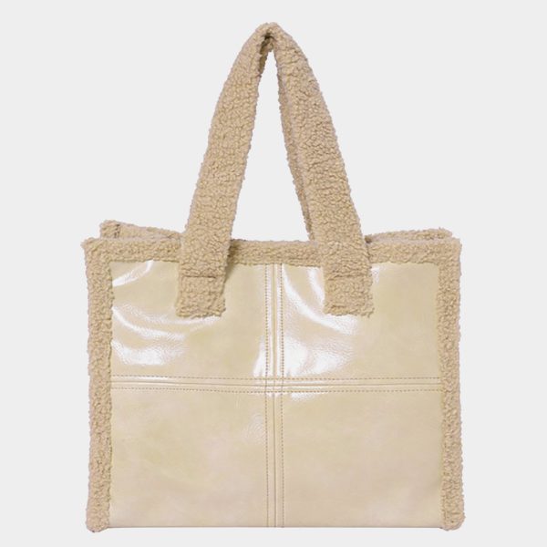 Fleece Trim Faux Leather Tote Bag