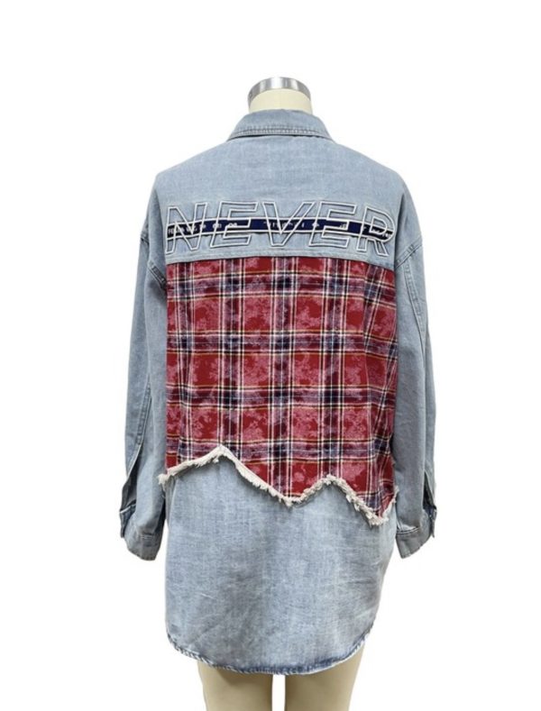 Never Give Up Plaid Patched Oversized Denim Shirt Tunic - Image 2