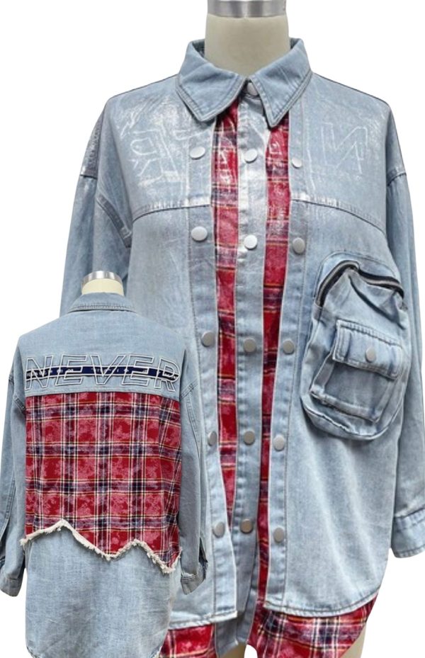 Never Give Up Plaid Patched Oversized Denim Shirt Tunic