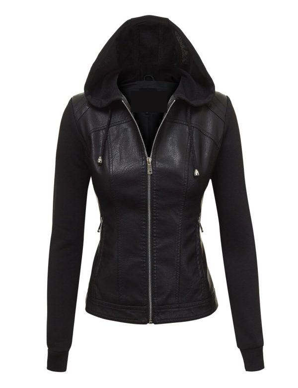 Faux Leather Knit Sleeve Hooded Jacket