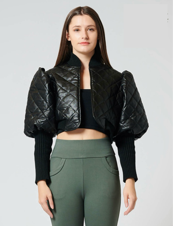 Quilted Vegan Leather Knit Sleeve Bowlero Coat