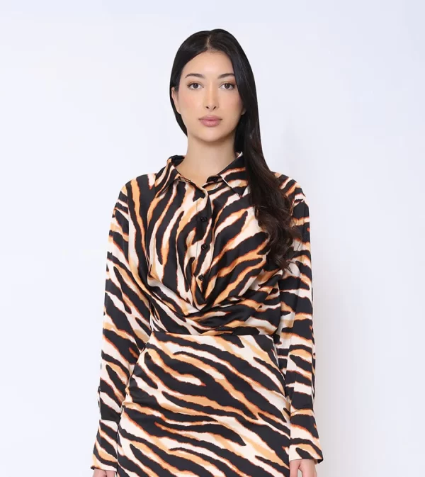 Animal Print Satin Drape Ruched Long Sleeve Top