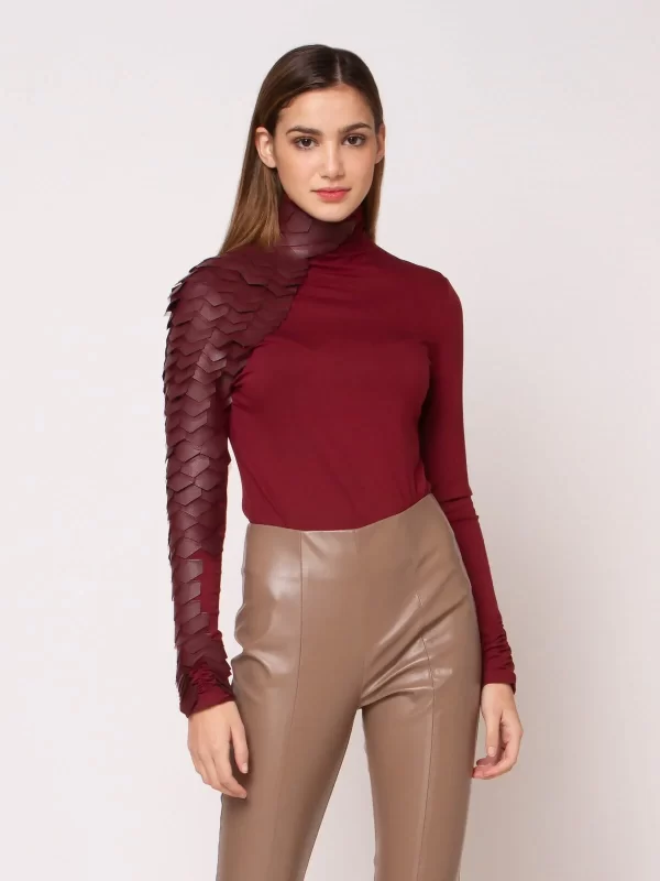 Leather Sleeve Mock Neck Shirt