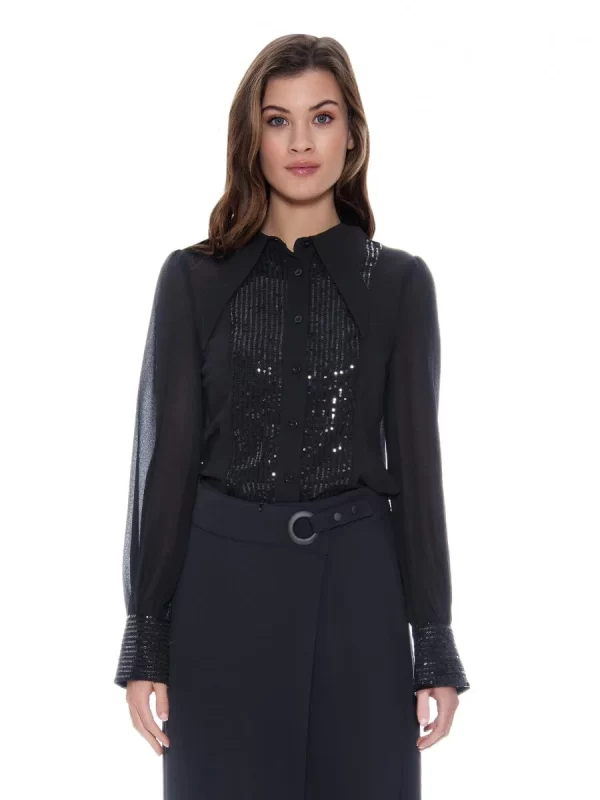 Sheer Sleeve Tuxedo Sequin Shirt Small-1XL