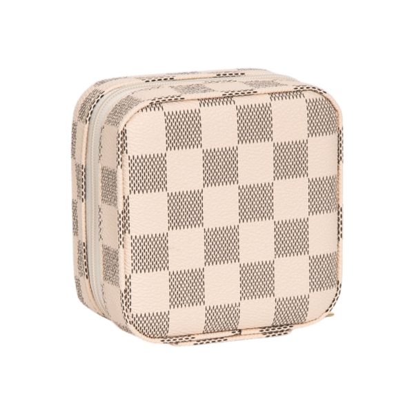 Faux Leather Checkered Portable Travel Square Jewelry Box - Image 5