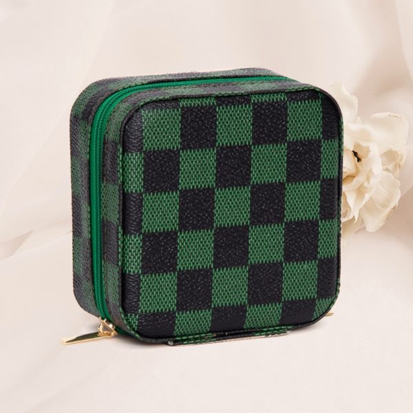 Faux Leather Checkered Portable Travel Square Jewelry Box - Image 6