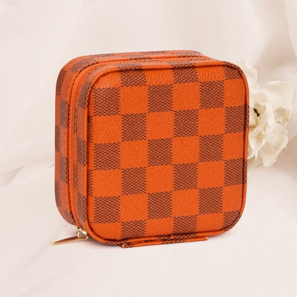 Faux Leather Checkered Portable Travel Square Jewelry Box - Image 4