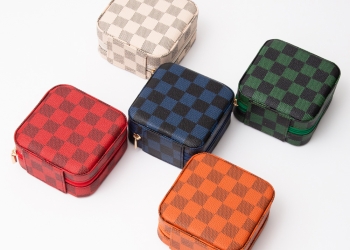 Faux Leather Checkered Portable Travel Square Jewelry Box