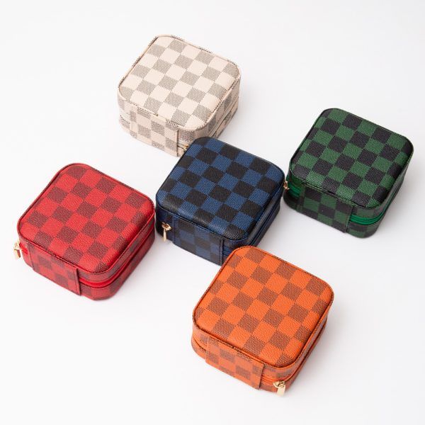 Faux Leather Checkered Portable Travel Square Jewelry Box